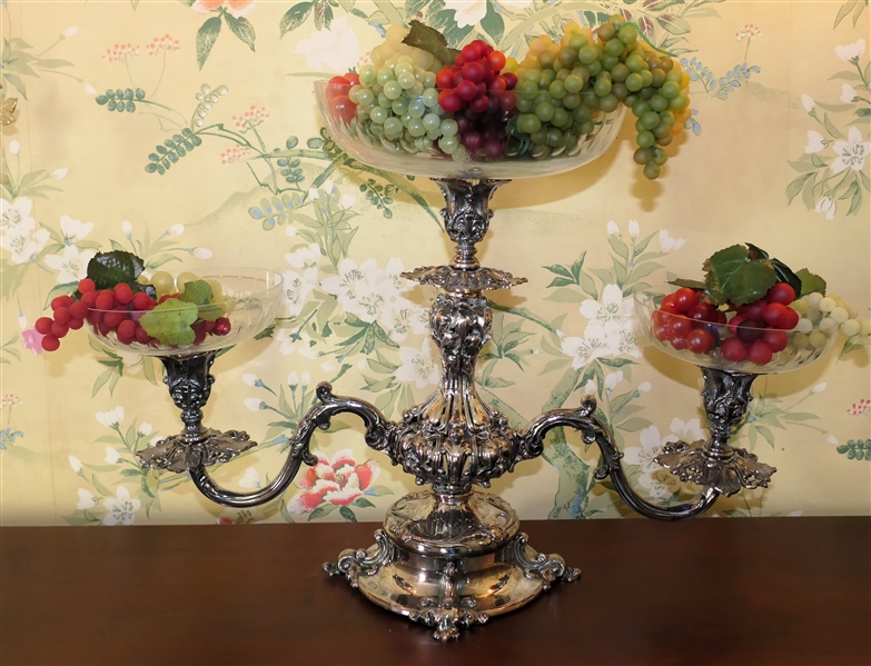 Very Fine Silver Plate Reed & Barton Silverplate Centerpiece - 3 Branches with Crystal Inserts  - Can Be Used as Centerpiece or Candelabra - Measures 13" Tall 21" Across - 15" Tall with Center Bowl 