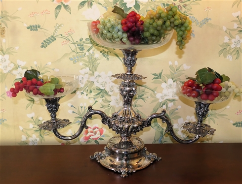 Very Fine Silver Plate Reed & Barton Silverplate Centerpiece - 3 Branches with Crystal Inserts  - Can Be Used as Centerpiece or Candelabra - Measures 13 Tall 21 Across - 15 Tall with Center Bowl 