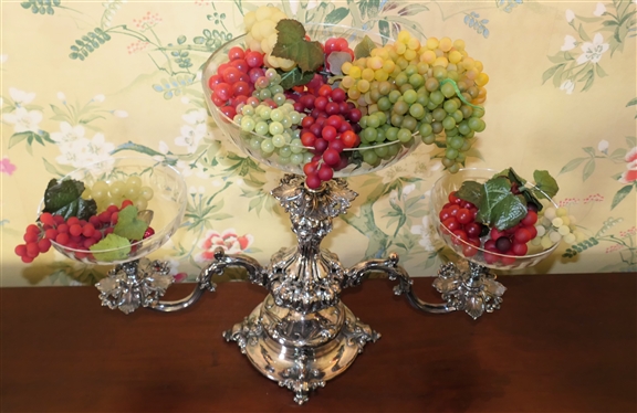 Very Fine Silver Plate Reed & Barton Silverplate Centerpiece - 3 Branches with Crystal Inserts  - Can Be Used as Centerpiece or Candelabra - Measures 13 Tall 21 Across - 15 Tall with Center Bowl 
