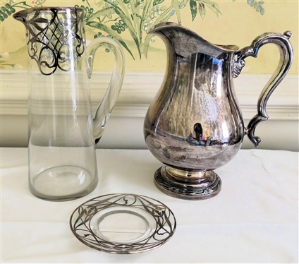 Large Silveroverlay Pitcher and Saucer and Silverplate Pitcher with Floral Trim  - Overlay Pitcher is 10 1/2 Tall 
