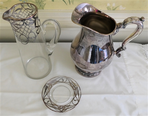 Large Silveroverlay Pitcher and Saucer and Silverplate Pitcher with Floral Trim  - Overlay Pitcher is 10 1/2 Tall 