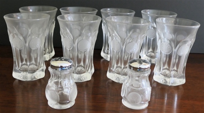 8 Fostoria Coin Iced Tea Glasses and Pair of Fostoria Coin Salt & Pepper Shakers - Glasses Are 5 3/8 Tall 