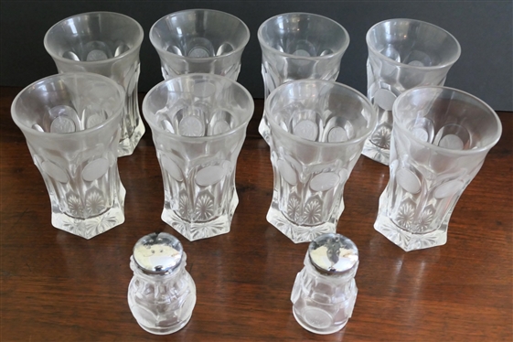 8 Fostoria Coin Iced Tea Glasses and Pair of Fostoria Coin Salt & Pepper Shakers - Glasses Are 5 3/8 Tall 
