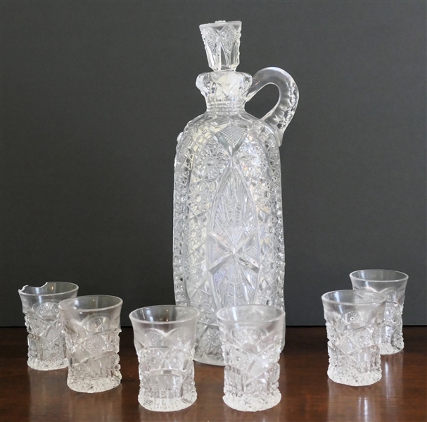 EAPG Decanter and 6 Shot / Cordial Glasses - Decanter Measures 10 1/2" Tall Shot Glasses Are 2 3/4" - Stopper and 1 Glass Are Broken 