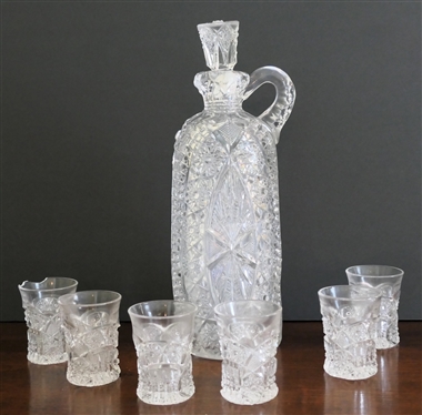EAPG Decanter and 6 Shot / Cordial Glasses - Decanter Measures 10 1/2 Tall Shot Glasses Are 2 3/4 - Stopper and 1 Glass Are Broken 