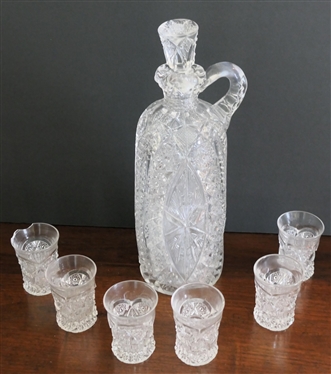 EAPG Decanter and 6 Shot / Cordial Glasses - Decanter Measures 10 1/2 Tall Shot Glasses Are 2 3/4 - Stopper and 1 Glass Are Broken 