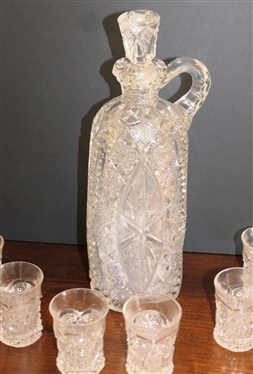 EAPG Decanter and 6 Shot / Cordial Glasses - Decanter Measures 10 1/2 Tall Shot Glasses Are 2 3/4 - Stopper and 1 Glass Are Broken 