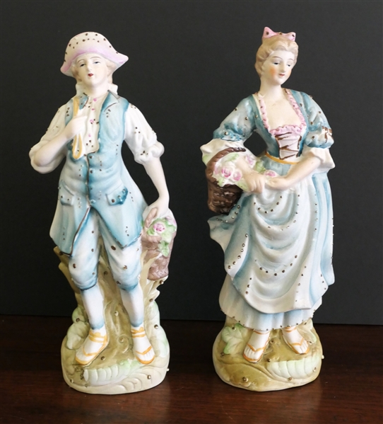 Pair of Bisque Courting Figures - Man and Woman in Blue Outfits - Made in Japan - each Measures 10 1/4" Tall 