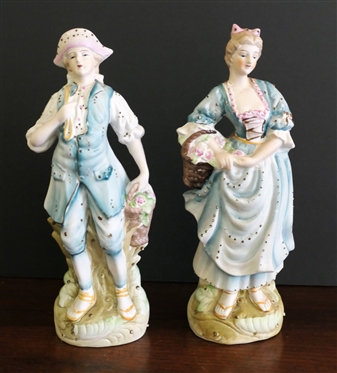 Pair of Bisque Courting Figures - Man and Woman in Blue Outfits - Made in Japan - each Measures 10 1/4 Tall 
