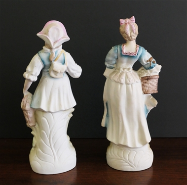 Pair of Bisque Courting Figures - Man and Woman in Blue Outfits - Made in Japan - each Measures 10 1/4 Tall 