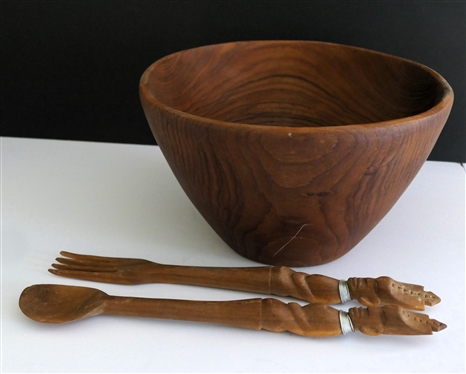 Genuine Teak Wood Salad Bowl and Hand Carved Tribal Figural Salad Fork and Spoon - Bowl Measures 7 tall 11 3/4 Across