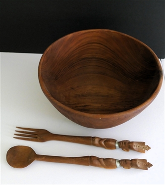 Genuine Teak Wood Salad Bowl and Hand Carved Tribal Figural Salad Fork and Spoon - Bowl Measures 7 tall 11 3/4 Across