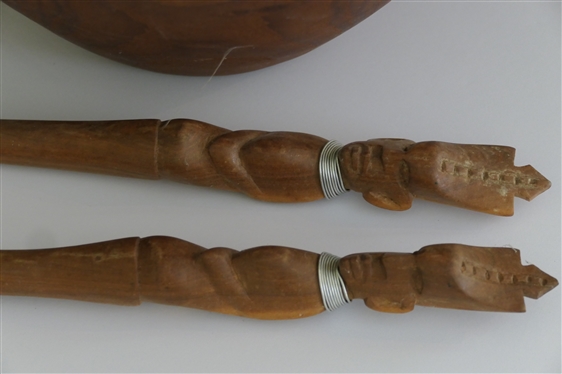 Genuine Teak Wood Salad Bowl and Hand Carved Tribal Figural Salad Fork and Spoon - Bowl Measures 7 tall 11 3/4 Across