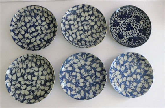 6 Pieces of Japanese Export Blue and White Porcelain - 5 with Crane Motif and 1 with Pheonix and Flowers - Each Plate Measures 5 1/2 Across