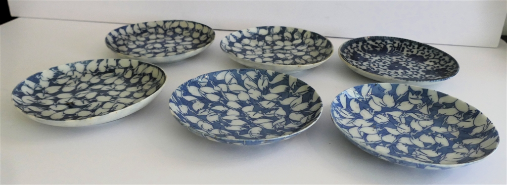6 Pieces of Japanese Export Blue and White Porcelain - 5 with Crane Motif and 1 with Pheonix and Flowers - Each Plate Measures 5 1/2 Across