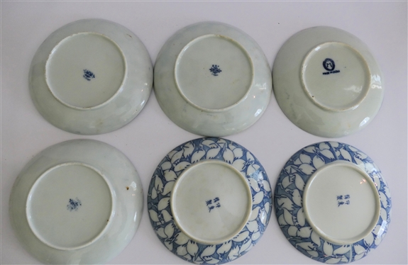 6 Pieces of Japanese Export Blue and White Porcelain - 5 with Crane Motif and 1 with Pheonix and Flowers - Each Plate Measures 5 1/2 Across