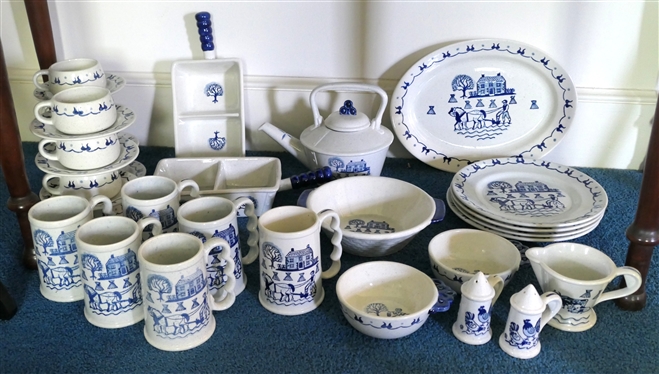 35 Perfect Pieces of  Poppy Trail Provincial Blue Dinnerware - Plates, Tea Pot, Oval Bowls Cup and Saucers Sets, Divided Bowls,  1 Divided Bowl Has Hairline Crack -  Plus 20 Pieces with Defects...