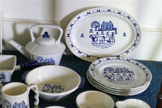 35 Perfect Pieces of  Poppy Trail Provincial Blue Dinnerware - Plates, Tea Pot, Oval Bowls Cup and Saucers Sets, Divided Bowls,  1 Divided Bowl Has Hairline Crack -  Plus 20 Pieces with Defects...