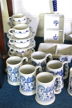 35 Perfect Pieces of  Poppy Trail Provincial Blue Dinnerware - Plates, Tea Pot, Oval Bowls Cup and Saucers Sets, Divided Bowls,  1 Divided Bowl Has Hairline Crack -  Plus 20 Pieces with Defects...