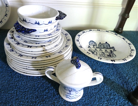 35 Perfect Pieces of  Poppy Trail Provincial Blue Dinnerware - Plates, Tea Pot, Oval Bowls Cup and Saucers Sets, Divided Bowls,  1 Divided Bowl Has Hairline Crack -  Plus 20 Pieces with Defects...