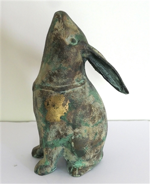 Cast Iron Rabbit Statue - Made in Japan - Gold Painted Accents - Rabbit Figure Measures 8 1/4 Tall 
