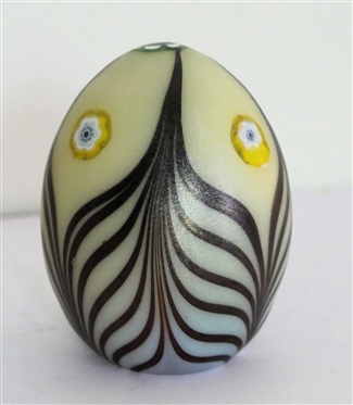 Handmade Art Glass Paperweight - Egg Shaped with 5 Millefiori Flowers - Amethyst Threading - Paperweight Measures 4 Tall 