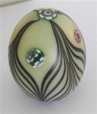 Handmade Art Glass Paperweight - Egg Shaped with 5 Millefiori Flowers - Amethyst Threading - Paperweight Measures 4 Tall 