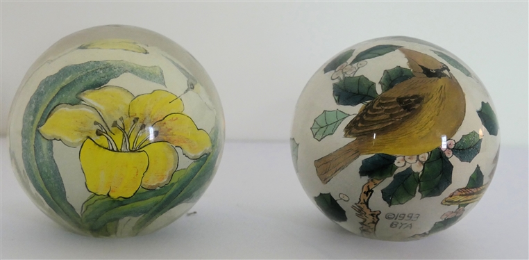 2 Reverse Painted Glass Paperweights - Both Signed BYA - 1993 Dated with Cardinal Birds and 1999 Dated with Hummingbirds - Each Measures 3 1/2 