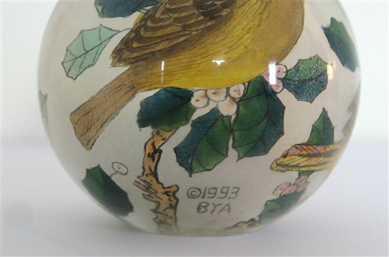 2 Reverse Painted Glass Paperweights - Both Signed BYA - 1993 Dated with Cardinal Birds and 1999 Dated with Hummingbirds - Each Measures 3 1/2 