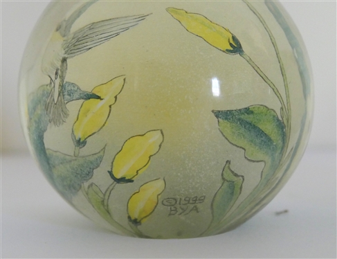 2 Reverse Painted Glass Paperweights - Both Signed BYA - 1993 Dated with Cardinal Birds and 1999 Dated with Hummingbirds - Each Measures 3 1/2 
