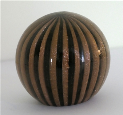 Very Pretty Handmade Art Glass Paperweight with Black and Metallic Gold Ribbed Pattern - Measures 3 Tall 