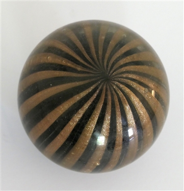 Very Pretty Handmade Art Glass Paperweight with Black and Metallic Gold Ribbed Pattern - Measures 3 Tall 