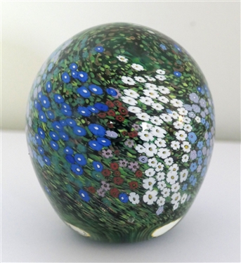Beautiful Art Glass Paperweight with Tiny Flowers - Blue, White, Red, and Green - Signed Raos - 1995 - New Zeeland - Egg Shaped - Measures 3 1/4 Tall 