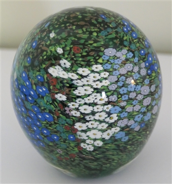 Beautiful Art Glass Paperweight with Tiny Flowers - Blue, White, Red, and Green - Signed Raos - 1995 - New Zeeland - Egg Shaped - Measures 3 1/4 Tall 