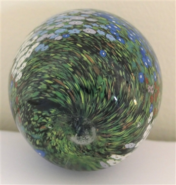 Beautiful Art Glass Paperweight with Tiny Flowers - Blue, White, Red, and Green - Signed Raos - 1995 - New Zeeland - Egg Shaped - Measures 3 1/4 Tall 