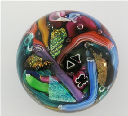 Small Art Glass Paperweight - Signed -SW22T - Very Colorful with Some Metallic - Measures 1 1/2