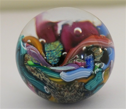 Small Art Glass Paperweight - Signed -SW22T - Very Colorful with Some Metallic - Measures 1 1/2
