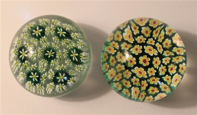 2 Art Glass Paperweights with  White and Yellow Daisy Flowers - Yellow Flower Measures 2 White Flower 1 1/2 