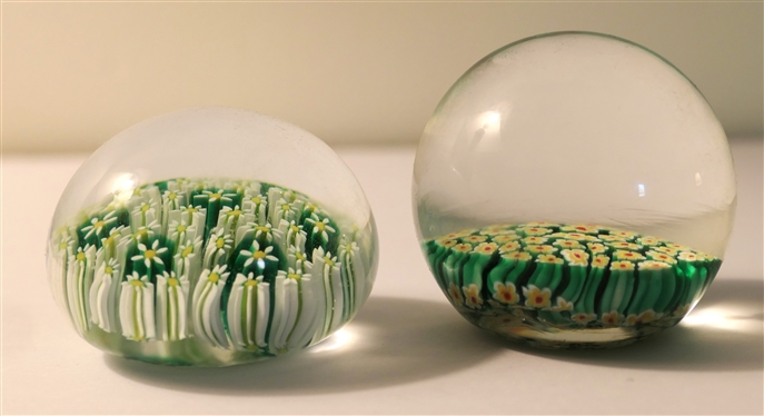 2 Art Glass Paperweights with  White and Yellow Daisy Flowers - Yellow Flower Measures 2 White Flower 1 1/2 