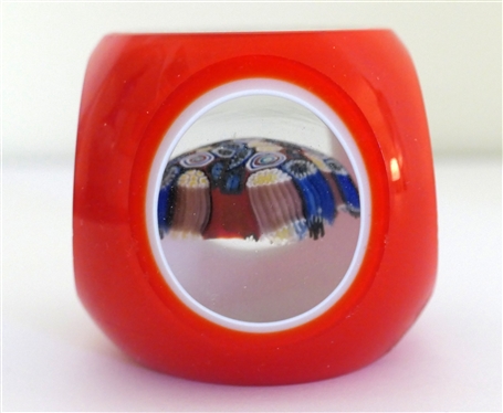 Unusual Art Glass Paperweight - Millifioire in Center with Red and White Cased Exterior - Measures 2 1/2 Tall 