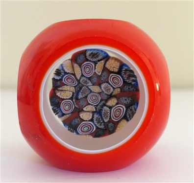 Unusual Art Glass Paperweight - Millifioire in Center with Red and White Cased Exterior - Measures 2 1/2 Tall 