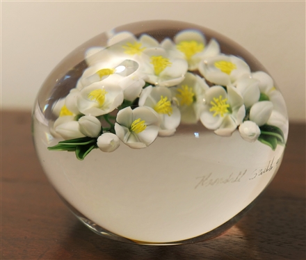 Handell Studio - 1991 Art Glass Paperweight with Dogwood Flowers - Measures 2 Tall 3 Across