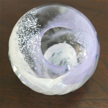 Caithness Scotland Misty Art Glass Paperweight - Lavendar and White Interior - Measures 2 1/2 Tall 