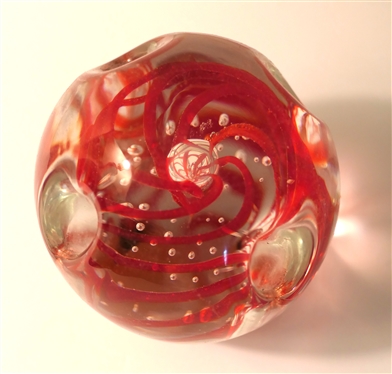 Gentile Glass Star City, WY - Art Glass Paperweight / Pen Holder - Clear with Red Threading and Bubbles - Measures 3 3/4 Tall 