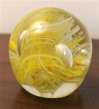 Gentile Glass Star City, WY Art Glass Paperweight - White and Yellow - Measures 2 1/2 Tall 