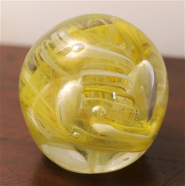 Gentile Glass Star City, WY Art Glass Paperweight - White and Yellow - Measures 2 1/2 Tall 