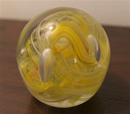 Gentile Glass Star City, WY Art Glass Paperweight - White and Yellow - Measures 2 1/2 Tall 