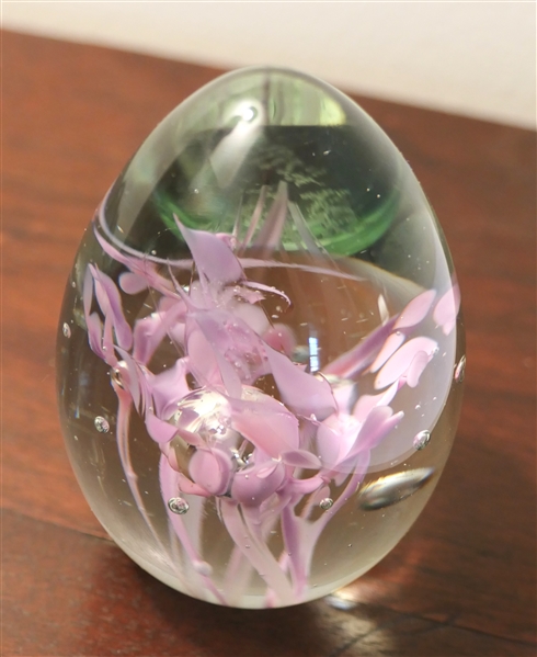Mist Ash Vines?? Art Glass Paperweight with Pink Flowers Inside - Egg Shaped - Measures 3 1/2" Tall 