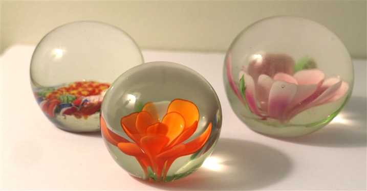 3 Art Glass Paperweights - Orange Flower, Pink Flower, and Other with Millefiori Flowers and Leaves  - Pink Flower Measures 2 