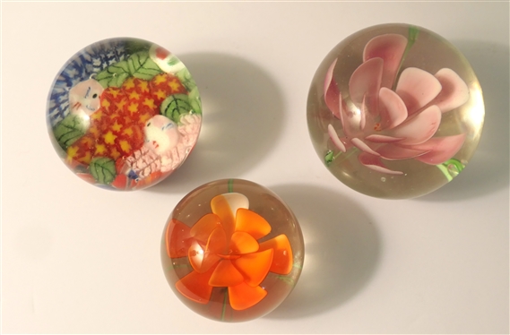 3 Art Glass Paperweights - Orange Flower, Pink Flower, and Other with Millefiori Flowers and Leaves  - Pink Flower Measures 2 